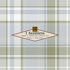 May include: Seamless plaid pattern in shades of light blue, white, and olive green. The design features a classic tartan arrangement with intersecting lines. The image includes text that reads "1 Seamless 4800 x 4800 px (16x16 in) PNG • 300 DPI".