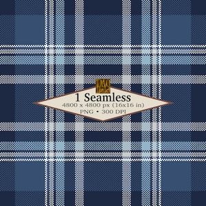 Peut inclure: Motif de plaid sans couture dans les tons de bleu marine, bleu clair et blanc. Le motif présente une grille avec des lignes de largeurs variables, créant un effet texturé. Le texte indique "1 Seamless 4800 x 4800 px (40.6 x 40.6 cm) PNG • 300 DPI".