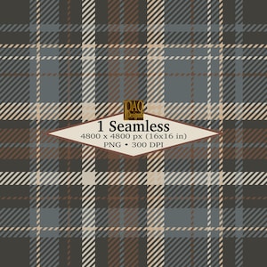 May include: A seamless digital pattern featuring a plaid design in shades of dark gray, slate blue, brown, and cream. A central diamond-shaped label displays the text: PAO DESIGNS 1 Seamless 4800 x 4800 px (16x16 in) PNG 300 DPI.
