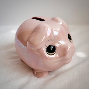 Vintage Ceramic Coin Bank with Big Eyes- Iridescent Pink