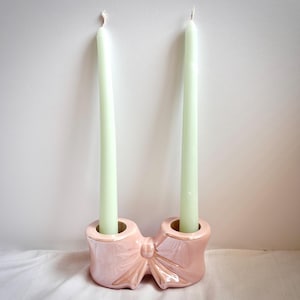 Vintage-Inspired Iridescent Pink Bow Candle Holder- Double Taper Holder