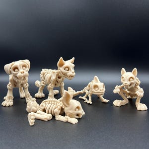 May include: Five small, beige, plastic skeleton figurines of various animals. The skeletons are posed in different positions, including standing, sitting, and lying down.