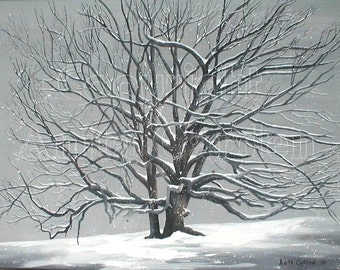 Grand Old Oak in Winter, Print of Original Painting, 8x10, Snowy Winter Scene, 200 yr old Oak Tree, Black and White