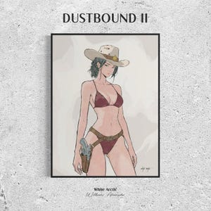 Puede incluir: Una impresión artística enmarcada titulada DUSTBOUND II de White Arctic y William Ahumada. La ilustración muestra a una persona con un sombrero de vaquero beige, un bikini rojo oscuro y una funda de cuero marrón con un revólver sobre fondo claro.