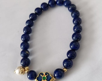 Certified Lapis Lazuli bracelet, silver plated by gold, with a real pearl