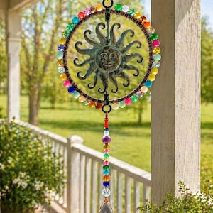 Beaded Sun Catcher with Agate Stone, Crystal Prism Window Hanging, Boho Decor