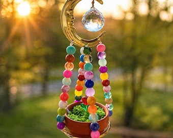 Moon Suncatcher Hanging Flower Pot, Glass Tulip, Beaded Prism Window Decor