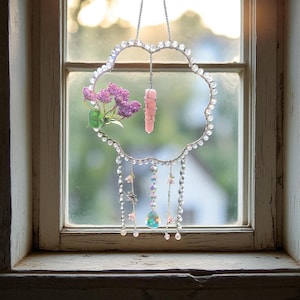 Crystal Suncatcher with Moon, Sun & Flower Charms: Rainbow Window Decor