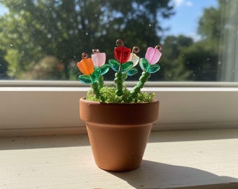 Mini Beaded Flower Pot, Glass Beads, Terracotta Pot, Whimsical Desk Decor