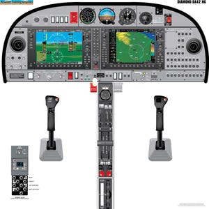 May include: A detailed illustration of the cockpit of a Diamond DA42 NG aircraft. The image shows the instrument panel, control yoke, and throttle quadrant. The instrument panel features a variety of gauges and displays, including a GPS, a radar altimeter, and a compass. The control yoke is located in the center of the image, and the throttle quadrant is located on the right side of the image. The image is labeled "DIAMOND DA42 NG" in the upper right corner.