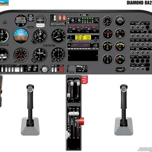 May include: A detailed illustration of the cockpit of a Diamond DA20 Evolution aircraft. The image shows a variety of gauges, switches, and controls, including a yoke, throttle, and fuel selector. The text "DIAMOND DA20 EVOLUTION" is displayed at the top of the image.