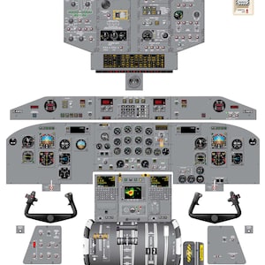 Può includere: Un'illustrazione dettagliata della cabina di pilotaggio di un aereo DASH 8-100 EM. L'immagine mostra il pannello strumenti, il timone e altre caratteristiche della cabina di pilotaggio. La registrazione dell'aeromobile è C-FATG.