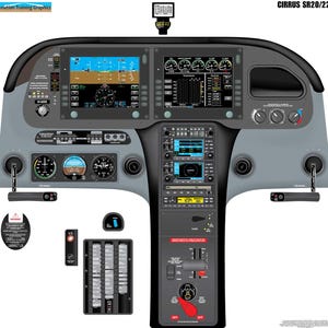 Puede incluir: Una ilustración detallada de la cabina de un avión Cirrus SR20/22. La imagen muestra una variedad de instrumentos y controles, incluyendo una pantalla GPS, un panel de radio y un yugo. El texto "CIRRUS SR20/22" es visible en la parte superior de la imagen.