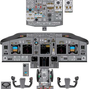 Peut inclure: Une illustration détaillée du cockpit d'un avion Boeing 737-800. L'image montre le tableau de bord, le manche à balai et les autres commandes de vol. Le texte "BOEING 737-800" est visible en haut de l'image.