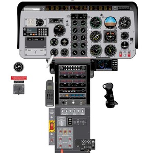 Op de afbeelding: Een gedetailleerde illustratie van de cockpit van een Bell 206LT LongRanger helikopter. De afbeelding toont een verscheidenheid aan meters, schakelaars en bedieningselementen, waaronder een kompas, een hoogtemeter, een snelheidsmeter en een radiopaneel. De tekst "BELL 206LT LONGRANGER" wordt bovenaan de afbeelding weergegeven.