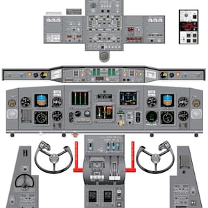 May include: Aviation training graphic of a Bombardier CL-415 aircraft cockpit. The image features various gray control panels, gauges, and instruments. The cockpit layout includes yokes, levers, and a central console with multiple displays and switches. The text "Bombardier CL-415" is visible.
