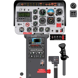 Puede incluir: Una ilustración detallada de la cabina de un helicóptero Bell 407. La imagen muestra una variedad de indicadores, interruptores y controles, incluyendo una pantalla digital, un acelerador y un panel de control. El texto "BELL 407" es visible en la parte superior de la imagen.