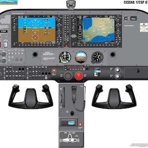 May include: A detailed illustration of a Cessna 172SP G1000 aircraft cockpit. The panel is gray with multiple digital displays, gauges, and control buttons. The image includes the yoke and a central control panel with a microphone.