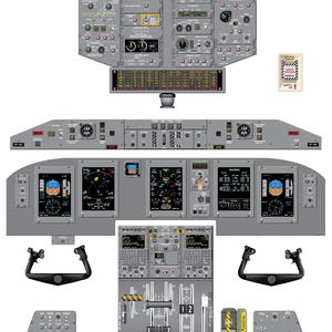 Puede incluir: Un diagrama detallado de la cabina de un avión DASH 8-Q400. El diagrama muestra la disposición de los instrumentos, los controles y otras características de la cabina. El diagrama está etiquetado con el texto "DASH 8-Q400".