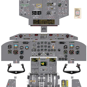 Può includere: Un'illustrazione dettagliata della cabina di pilotaggio di un aereo DASH 8-300 EM. L'immagine mostra vari strumenti, interruttori e controlli, tra cui uno schermo radar, un giogo e un quadrante dell'acceleratore. Il numero di registrazione dell'aeromobile C-FATG è visibile sul pannello strumenti.