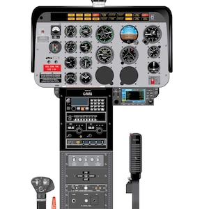 Puede incluir: Una ilustración detallada de la cabina de un helicóptero Bell 206B JetRanger. La imagen muestra el panel de instrumentos, la radio y los controles. El número de registro de la aeronave, C-FATG, es visible en el panel de radio.