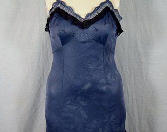 Beautiful Slate Blue Hand-Dyed Up-Cycled Slip Dress with Gray Lace