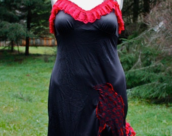 Black & Red Lace Up-Cycled Slip Dress with Blackbird Appliqué SIZE L- XL