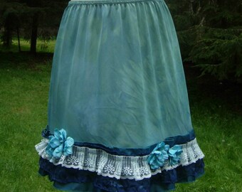 Spring Faerie turquoise slip skirt, adorned with complimenting colors of  lace, satin and flowers with beads