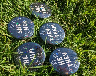 Starry glitter pronoun pins 58mm, pronoun badges, lgbtqia+ badge with pronouns (please read description)