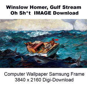May include: A painting by Winslow Homer titled "The Gulf Stream" depicts a Black man in a small boat surrounded by sharks in a stormy sea. The painting is a classic example of Homer's realist style and his ability to capture the drama of nature.