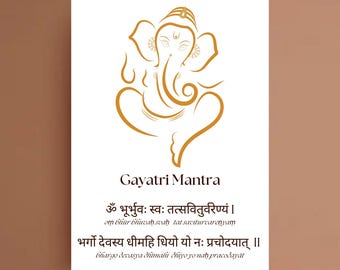 Mantra Gayatri – plakat – cyfrowa sztuka ścienna – sanskryt – sztuka duchowa – sztuka ścienna z jogą – filozofia hinduska – wydruk mantry – dekoracja pokoju pudży – Ganesh – Ganapati