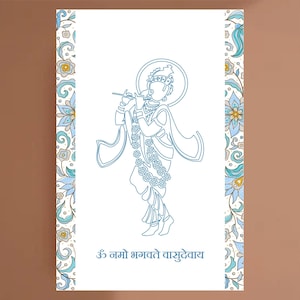 Krishna-gebed-poster-digitale muur kunst-Sanskriet-spirituele-yoga-hindoe-filosofie-mantra print-puja kamer decor-Om Namo Bhagavate Vasudevaya