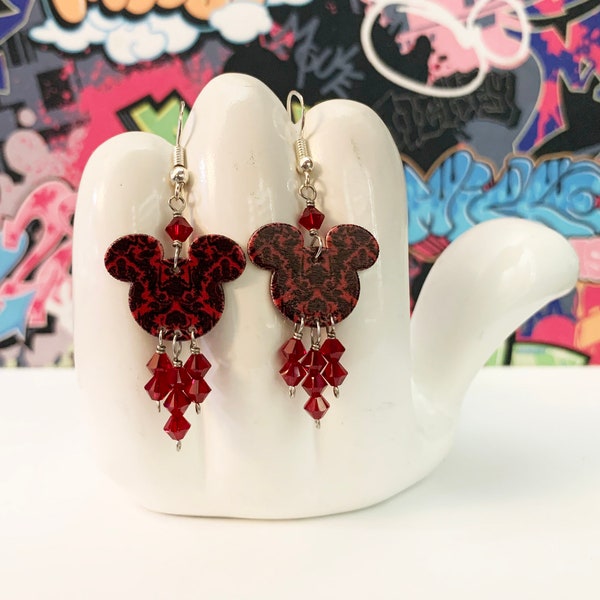 Mickey Mouse Red Haunted Mansion Wallpaper Double Sided Print Dangle Earrings