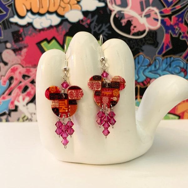 Mickey Mouse Pink Themed Tiki Hawaiian Double Sided Print Dangle Earrings