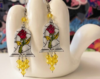 Beauty and the Beast's Enchanted Rose in Glass Dangle Earrings