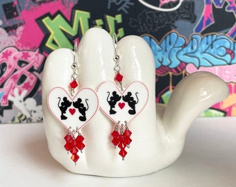 Kissing Mickey and Minnie Silhouette Heart Dangle Earrings