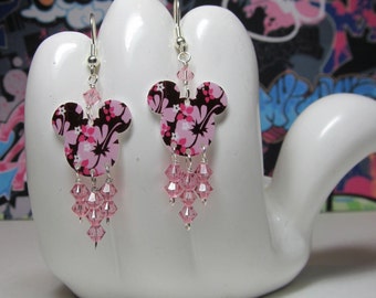 Mickey Mouse Pink and Brown Hawaiian Hibiscus Dangle Earrings
