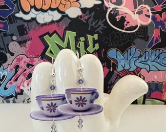 Alice in Wonderland Purple Teacup Dangle Earrings