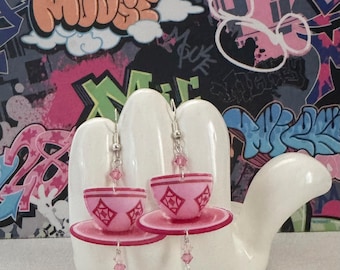 Alice in Wonderland Pink Teacup Dangle Earrings