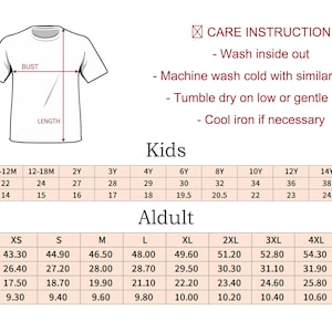 May include: White t-shirt with bust and length measurements, care instructions, and size charts for kids and adults. The size charts include chest, length, shoulder, and sleeve measurements in inches.