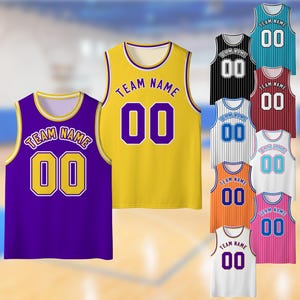 May include: A selection of basketball vests in multiple colours: purple, yellow, black, blue, red, orange, white, and pink. Each vest displays the text "TEAM NAME" and the number "00" in a contrasting colour.