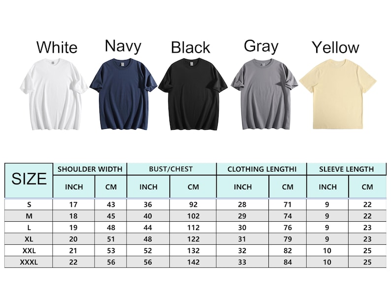 Pode incluir: Apresenta&ccedil;&atilde;o de cinco camisetas de cor lisa em branco, azul marinho, preto, cinza e amarelo. Uma tabela de tamanhos mostra as medidas em polegadas e cent&iacute;metros para a largura dos ombros, busto, comprimento da roupa e comprimento da manga.