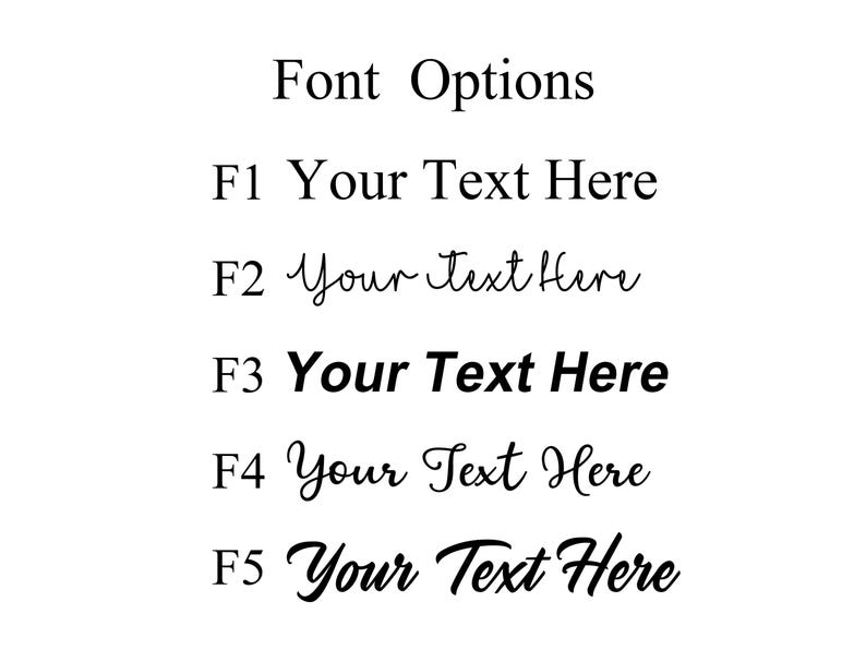 Pode incluir: Um fundo branco exibe op&ccedil;&otilde;es de fontes. O texto "Font Options" est&aacute; no topo, seguido por cinco exemplos de fontes, rotulados de F1 a F5. Cada exemplo mostra o texto "Your Text Here" em um estilo de fonte diferente, variando de simples a cursivo.