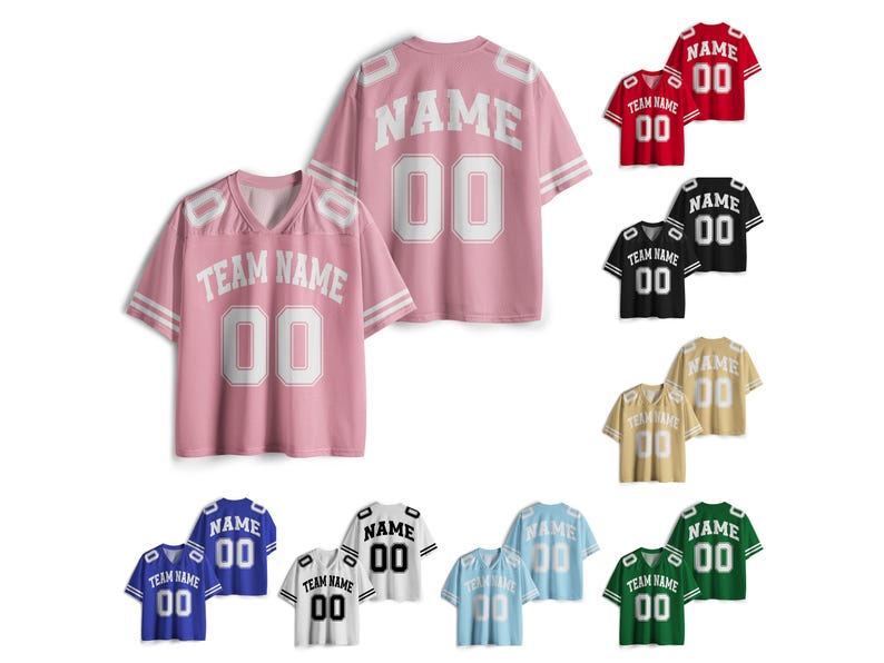 May include: A collection of short-sleeved jerseys in various colors, including pink, red, black, gold, blue, white, and green. Each jersey features the text "TEAM NAME" or "NAME" and the number "00" in white block letters. The jerseys have a V-neck design.
