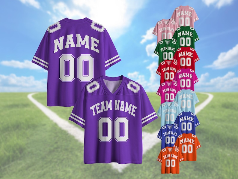 May include: A collection of football jerseys in various colors, including purple, pink, green, red, and blue. Each jersey features the number "00" and either "NAME" or "TEAM NAME" in white block letters. The jerseys have white stripes on the sleeves.