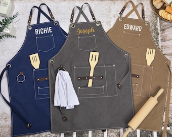 Canvas Workshop Apron with Pockets,Custom Gift for Him,Personalized Bar Apron,Embroidered Kitchen Apron,Barbeque Apron,Bartender Apron