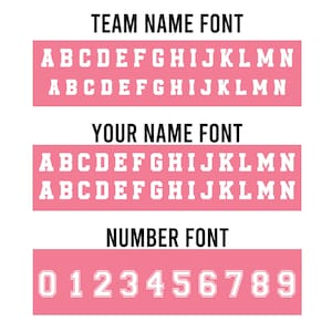 May include: Image showcasing font options for team names, personal names, and numbers. The text is displayed in white against pink rectangular backgrounds. The fonts include uppercase letters and numbers 0-9.
