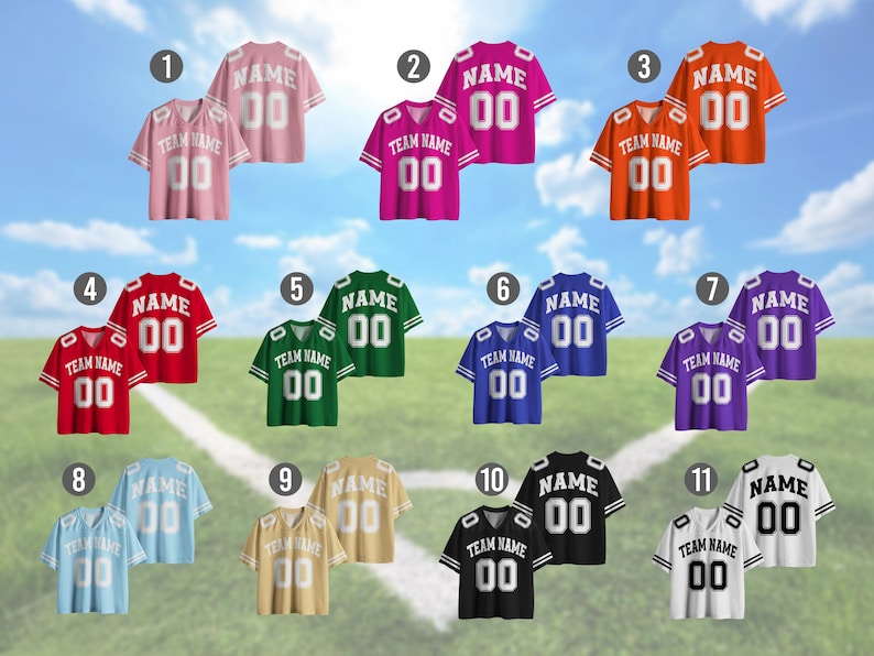 May include: A collection of eleven football jerseys in various colors, including pink, red, green, blue, purple, gold, black, and white. Each jersey features a team name, a player's name, and the number "00". The jerseys are displayed against a backdrop of a football field and a blue sky.