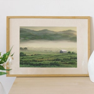 Serene Watercolor Digital Wall Art, Mist Art, Fog Décor, Dawn Print, Countryside Landscape, Home Wall Décor, PNG