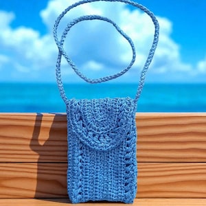 andmade Crochet Paper Yarn Mini Shoulder Bag | Blue Crossbody Phone Pouch | Sustainable Everyday Bag | Woven Summer Purse | Summer Accessory
